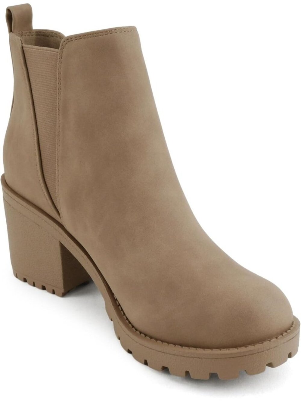 Women's Taupe Nubuck Origami Lug Sole Mid Heel Ankle Bootie Double Elastic Boot - Picture 4 of 5